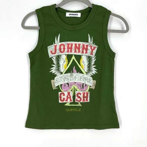 DAYDREAMER Johnny Cash Ring of Fire Shrunken Tank Garden Green Small Large - Picture 2 of 7